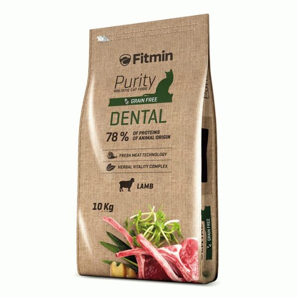 Fitmin Cat Purity Dental, беззерновой корм для поддержания здоровья полости рта у взрослых кошек с ягненком, 10 кг