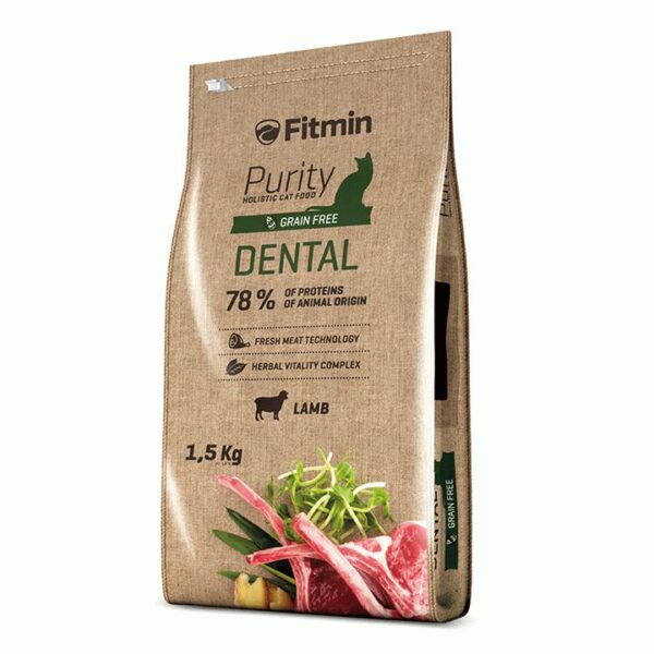 Fitmin Cat Purity Dental, беззерновой корм для поддержания здоровья полости рта у взрослых кошек с ягненком, 1.5 кг