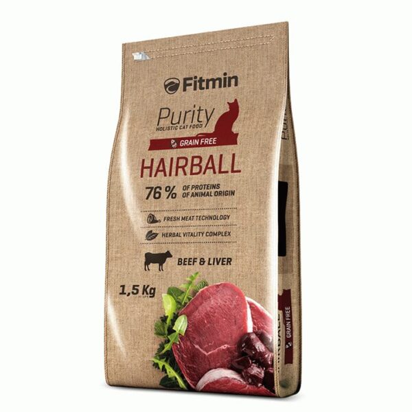 Fitmin Cat Purity Hairball, беззерновой корм для взрослых длинношерстных кошек с говядиной, 1.5 кг
