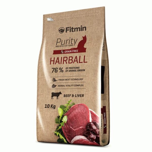 Fitmin Cat Purity Hairball, беззерновой корм для взрослых длинношерстных кошек с говядиной, 10 кг