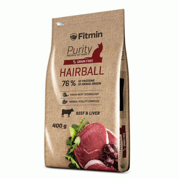 Fitmin Cat Purity Hairball, беззерновой корм для взрослых длинношерстных кошек с говядиной, 400 гр